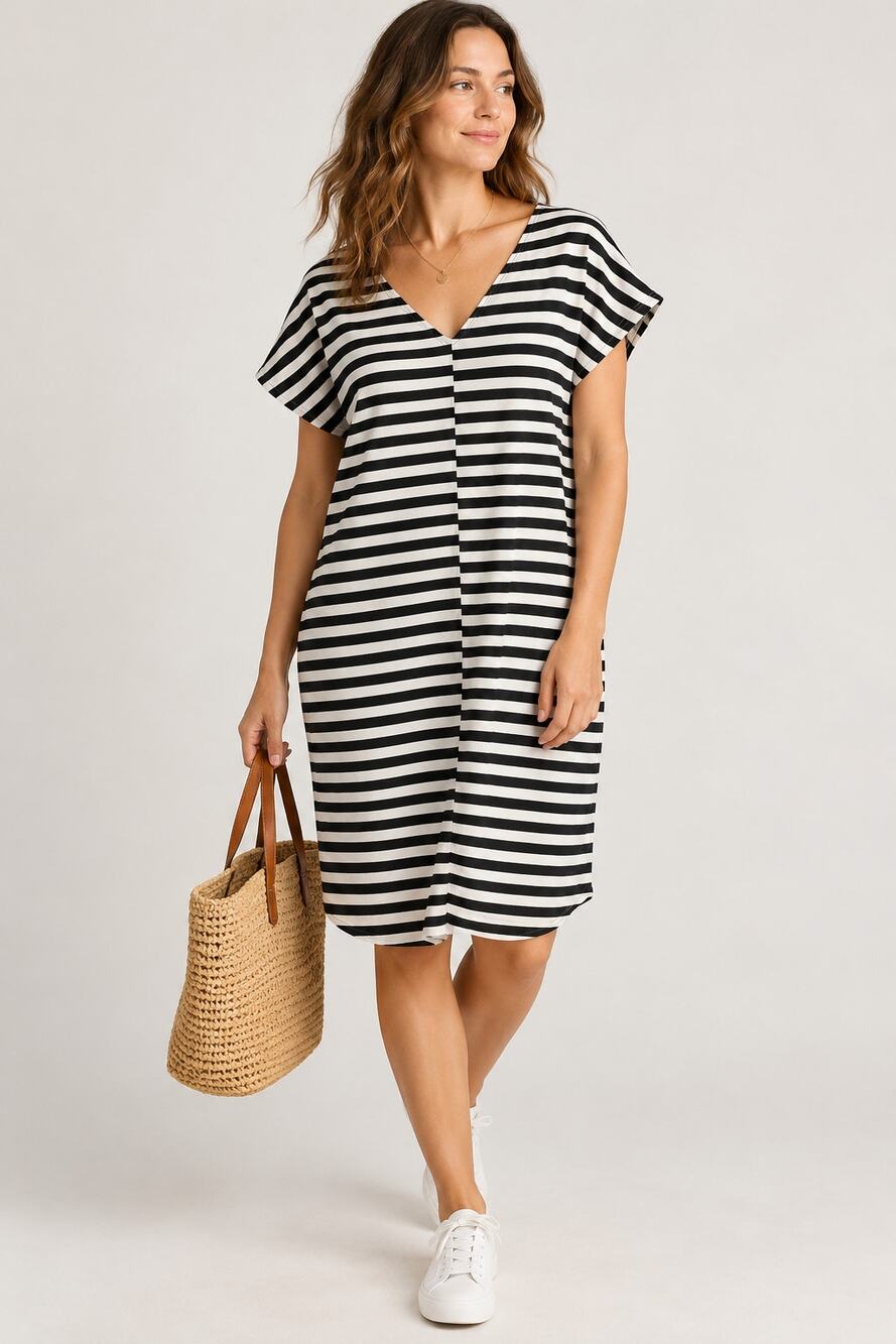 Marimekko Original Black & White Striped Dress 100% Cotton Size Large